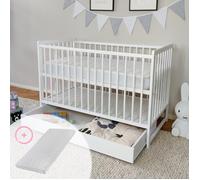 Kids Collective Lit Bébé 60x120 cm Lit à barreaux Évolutif Set Complet avec Matelas et Sommier 3 Hauteurs Tiroir, Barreaux Amovibles | Pin Massif Blanc