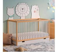 Lit bébé 70x140 - Matelas inclus - Lit à barreaux avec tiroir - Réglable en hauteur - Bois de hêtre - Bois naturel et Blanc