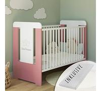 Lit bébé à barreaux avec matelas et petite princesse - Réglable en hauteur - 60 x 120 cm - Échelons amovibles - Blanc et rose - Fabriqué en Europe