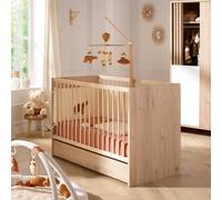 Lit Bébé 120x60 À Barreaux En Bois Décor Chêne Suave Avec Matelas Marron