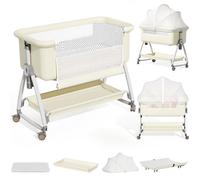 Lit Bébé Berceau Cododo ,Avec Matelas et Moustiquaire Table à Langer,Mode Balancelle et Inclinaison,6 Hauteur Réglable - Beige