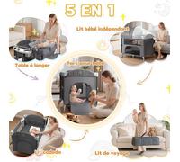 Lit bébé cododo 5 en 1 - ALIGHTUP - Lit Bébé Berceau Cododo pour Bébé 0-36 Mois, Lit parapluie avec matelas- Gris