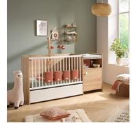 Lit bébé combiné - 120x60cm - Evolutif en 90x190cm - Babyprice Up - Décor bois - Avec commode à langer 1 porte