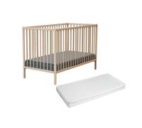 WEBABY - Lit bébé avec matelas 60x120cm Hêtre Brut | Bois massif | Dès la naissance | Confort de sommeil | Sommier à lattes | Lit à barreaux |Sommier réglable 3 hauteurs