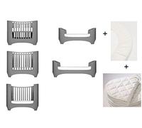 Lit bébé et enfant gris Leander + 1 set (= 2 pièces) de drap-housse d'origine de la taille de bébé + 1 surmatelas de taille bébé