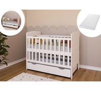 Lit bébé évolutif 3en1 - Avec matelas et tiroir - Lit enfant - Sommier réglable en hauteur - Lit à barreaux - Blanc