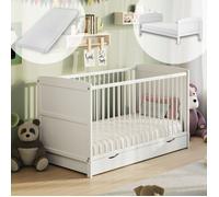 Lit bébé évolutif 60×120 cm avec matelas et tiroir - Hauteur réglable + barreaux amovibles - Bois - Dès la naissance à 3 ans -