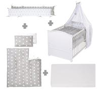 roba Lit Bébé Évolutif Complet Little Stars - 70 x 140 - Equipement Textile au Motif d'Étoiles Inclus - Réglable en Hauteur et Convertible - Blanc