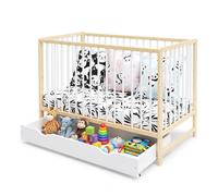 Lit bébé évolutif avec tiroir Mathis 60x120 cm (matelas non inclus) | Bois naturel et blanc