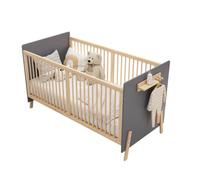 Lit bébé évolutif bois massif, 3 positions réglables, bleu gris + bois naturel, 140x70x86 cm, sans matelas