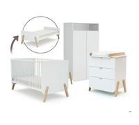 AT4 - Chambre bébé lit évolutif 70 x 140, commode à langer et armoire en bois PIRATE Blanc et Hêtre Verni | Armoire 6 étagères dont 4 réglables et une penderie | Plan à langer inclus