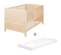 Lit Bébé Évolutif Roba Easy Sleep 70 X 140 Cm + Matelas Roulé + Kit De Transformation - Réglable En Hauteur - Bois Naturel Marron