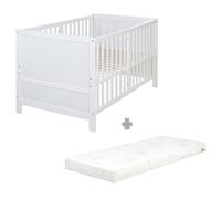 Lit Bébé Évolutif ROBA EASY SLEEP 70 x 140 cm + Matelas Roulé + Kit de Transformation - Réglable en Hauteur - Blanc