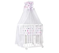 Lit bébé mobile Waldin® en bois 7en1 matelas lit qui grandit avec l'enfant [Bois blanc Blanc-tissus Étoiles rose]