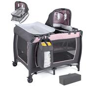 Lit Bébé Parapluie avec Matelas 5 en 1 COSTWAY-Berceau,Table à Langer-Lit de Voyage-Jouets Suspendus,Boîte à Musique-Roulettes-Rose