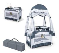 Lit Bébé Parapluie Bébé Pliant 4 en 1 COSTWAY-Matelas,Moustiquaire de Yourte,Table à Langer-2 Roues-Boîte à Musique,3 Jouets-Gris