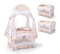 Lit Bébé Parapluie Bébé Pliant 4 En 1 Costway-Matelas,Moustiquaire De Yourte,Table À Langer-2 Roues-Boîte À Musique,3 Jouets-Rose Multicolore