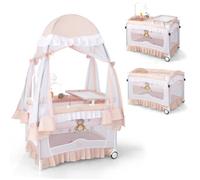 Lit Bébé Parapluie Bébé Pliant 4 en 1 COSTWAY-Matelas,Moustiquaire de Yourte,Table à Langer-2 Roues-Boîte à Musique,3 Jouets-Rose