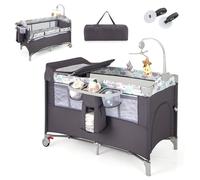 Lit Bébé Pliable 5 en 1, Berceau Portable avec Table à Langer Matelas, Boîte à Musique, Jouets Suspendus,Roues Verrouillables,