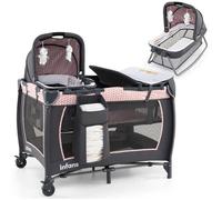 Lit Bébé Pliant 5 En 1 Avec Matelas,Table À Langer,Berceau Costway-Lit De Voyage-Jouets Suspendus,Boîte À Musique-2 Roulettes-Rose Multicolore