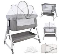 Lit bébé réglable à 6 niveaux Lit d'appoint à roulettes & moustiquaire 91x50x116cm gris lin