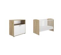 Lit bébé transformable - GALIPETTE - ARTHUR - Blanc et chêne blond - Sommier réglable - Barrières amovibles