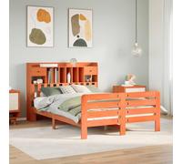 Lit bibliothèque 140x190 cm en pin Massif, Finition Cire Marron, avec sommier à Lattes et rangements intégrés pour Chambre Moderne