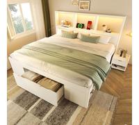 Lit blanc 140x190 cm avec espace de rangement et table de chevet amovible, lit simple Structure en bois avec éclairage LED et fonctionnalité de recharge USB-C Comprend des tiroirs et des étagères