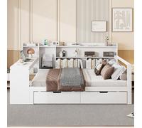 Lit Bois Massif Blanc Adulte 140x200cm - Canapé-lit Multifonction : Bureau, Étagères, Tiroirs, Prise USB blanc LIT COMBINE