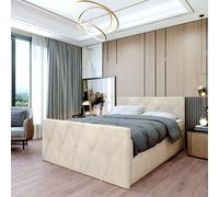 Lit Boxspring double CLERMONT - 160x200cm Lit avec matelas Bonell, avec coffre de lit pour linge de lit et topper. Tête et pied de lit rembourrés etReproductionés d'une élégante surpiqûre (Cloud 03)