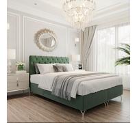 Lit Boxspring GracePLUS 180x200 Vert Lit double Lit avec matelas Bonell Topper et coffre de lit Glamour Lit rembourré avec pieds argentés de 12 cm Chambre à coucher moderne Vintage Lit de chambre à co