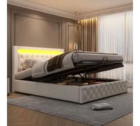 Lit Boxspring hydraulique Merax 140x200cm Lit rembourré avec sommier à lattes, éclairage LED et fonction de rangement, lit de rangement lit fonctionnel double en PU, blanc