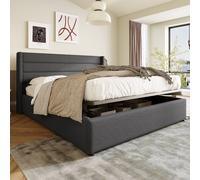 Lit boxspring hydraulique Merax 160x200cm Lit rembourré avec sommier à lattes en bois et cadre métallique, lit de rangement double en lin, gris