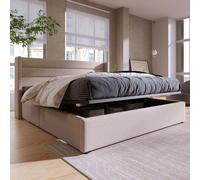 Lit boxspring hydraulique Merax 160x200cm Lit rembourré avec sommier à lattes en bois et cadre métallique, lit de rangement double en lin, beige