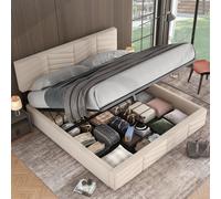Lit boxspring hydraulique Merax 180x200cm avec tête de lit réglable en hauteur, sommier à lattes et espace de rangement, lit rembourré lit de rangement lit fonctionnel double en velours, beige