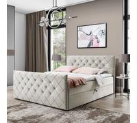 Lit Boxspring Lit double MONAKO - 160x200cm Lit avec matelas Bonell, avec coffre de lit pour le linge de lit et le topper. Tête et pied de lit rembourrés etReproductionés d'une élégante surpiqûre (bei