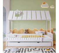 Lit cabane 120x200 cm Lit enfant Lit simple en bois pin avec lit gigogne 120x190 toit cheminée et sommier à lattes - mu LIT GIGOGNE