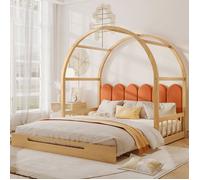 Lit cabane 140x200cm, lit enfant extensible à toit bombé, cadre en pin, naturel et orange
