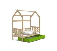 Lit Cabane 2 80x160 Pin - vert Livré avec sommiers, tiroir et matelas en mousse de 7cm