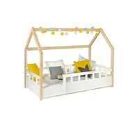 IDMARKET Lit cabane enfant 80 x 160 CM NEREE blanc et hêtre avec sommier et barrières