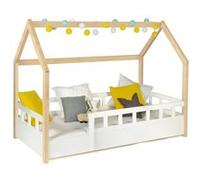 IDMarket – Lit cabane NEREE 80 x 160 cm blanc et hêtre avec sommier et barrières