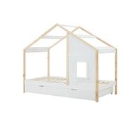 Lit cabane 90 x 190 cm avec tiroir - Pin et MDF - Coloris : Blanc et naturel - RINELYA