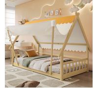 Lit cabane 90x190 cm EVRYAE - design maison en bois, tente amovible et rails de sécurité, sans matelas - Blanc et naturel