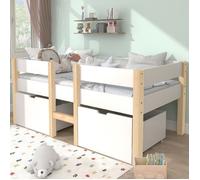 Lit cabane 90x190 cm - Lit mi-hauteur avec protection antichute et 2 tiroirs - Bois massif - Sans Matelas - Blanc