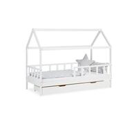 Lit D'Enfant 90x200 Blanc Lit Cabane Tiroir Barriere en Bois Lattes Homestyle4u