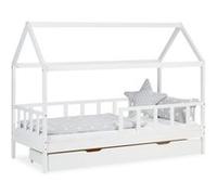 Lit D'Enfant 90x200 Blanc Lit Cabane Tiroir Barriere en Bois Lattes Homestyle4u