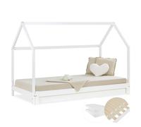 Lit cabane 90x200 cm blanc avec 2 matelas et sommier ? lit gigogne 2 places