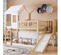 Lit cabane 90x200 cm Lit superpos avec chelle angle droit et toboggan lit d'enfant Naturel+Blanc