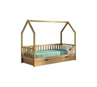 Lit cabane à barrière 90x200 avec tiroir en chêne massif - LEIKY -
