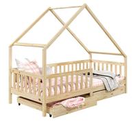 Lit cabane ALVA lit enfant simple asymétrique en bois 90 x 190 cm montessori, avec rangement 2 tiroirs, en pin massif naturel